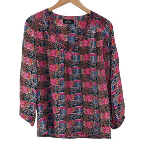 Tolani Blouse Womens XS Pink Blue Popover Silk Top Geometric‎ Novelty